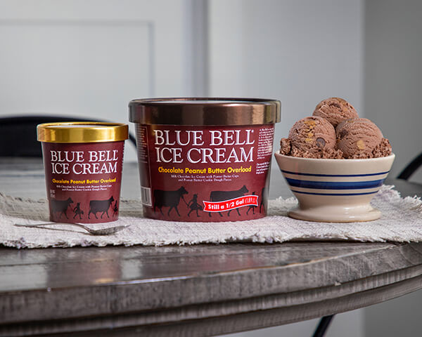 Blue Bell Chocolate Peanut Butter Overload Ice Cream in half gallon and pint size
