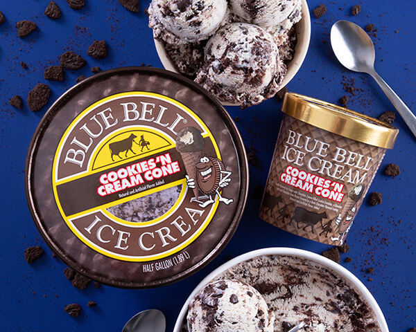 Blue Bell Cookies 'n Cream Cone Ice Cream in half gallon and pint cartons with a bowl of ice cream