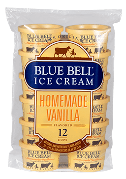 12 pack of single serve Blue Bell Homemade Vanilla Ice Cream cups